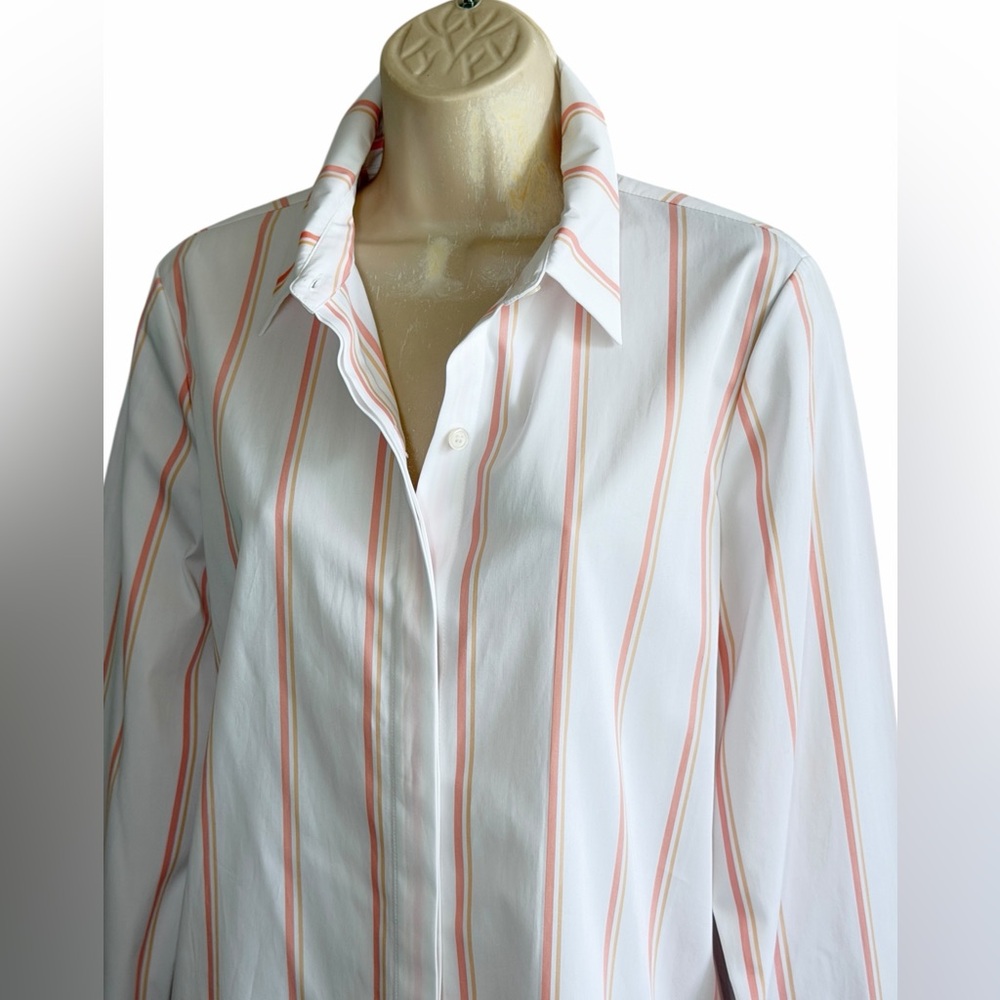 Lafayette 148 White Peach Striped Button Up Shirt Asymmetrical Hem Size M - Picture 3 of 16